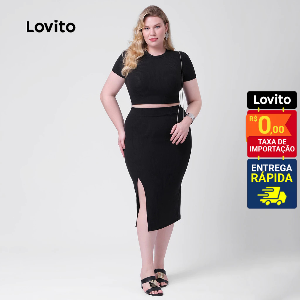 Lovito Conjunto Feminino Malha Blusa e Saia Midi Plus Size LB320BRL349 em Oferta na Shopee