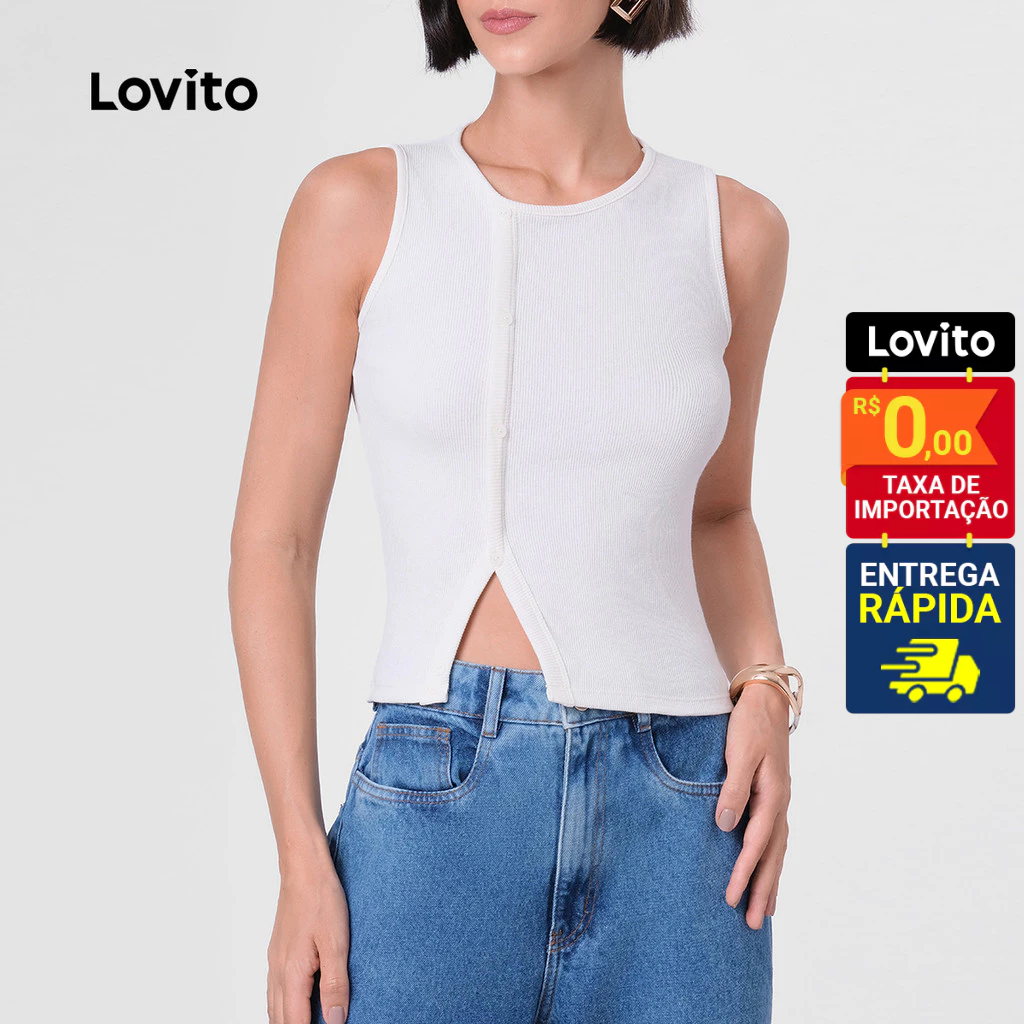 Lovito Regata Feminina Casual com Botão e abertura Assimétrica  LB110BRL139 - Women Clothes