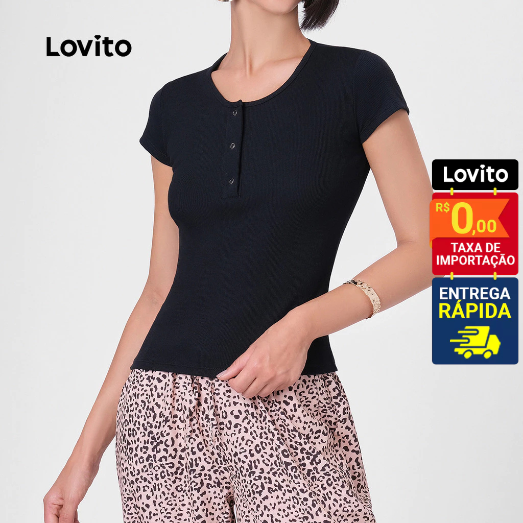 Lovito Camiseta Feminina Manga Curta Lisa Básica com botões na gola  LB112BRL141 - Women Clothes