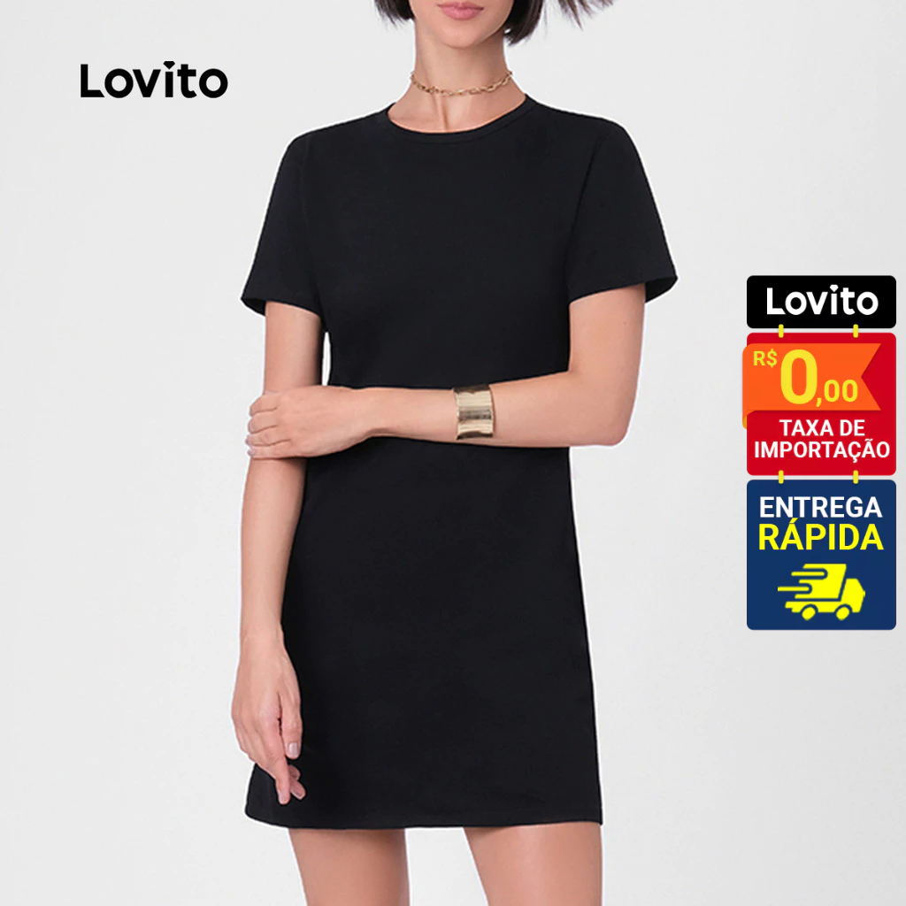 Lovito Vestido Curto Manga Curta Quadrado Feminino LB117BRL146 - Women Clothes