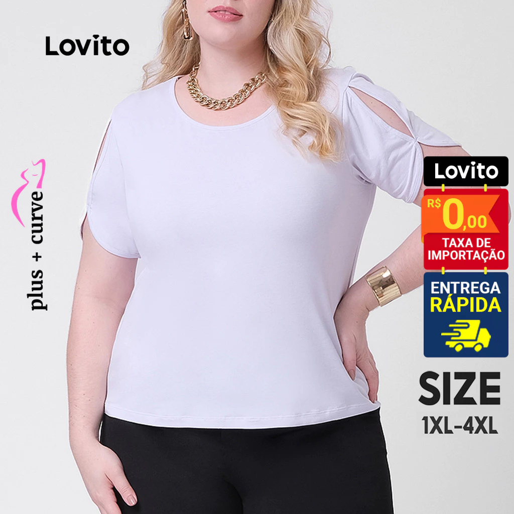 Lovito Camiseta Feminina Manga Curta Plus Size Curve Básica Lisa com Detalhe Abertura na Manga LB362BRL391