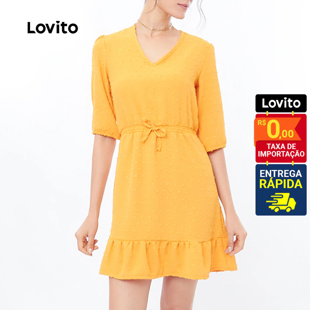 Lovito Vestido Manga 3/4 Curto com Babados Tecido Plano Feminino LB227BRL256 - Women Clothes