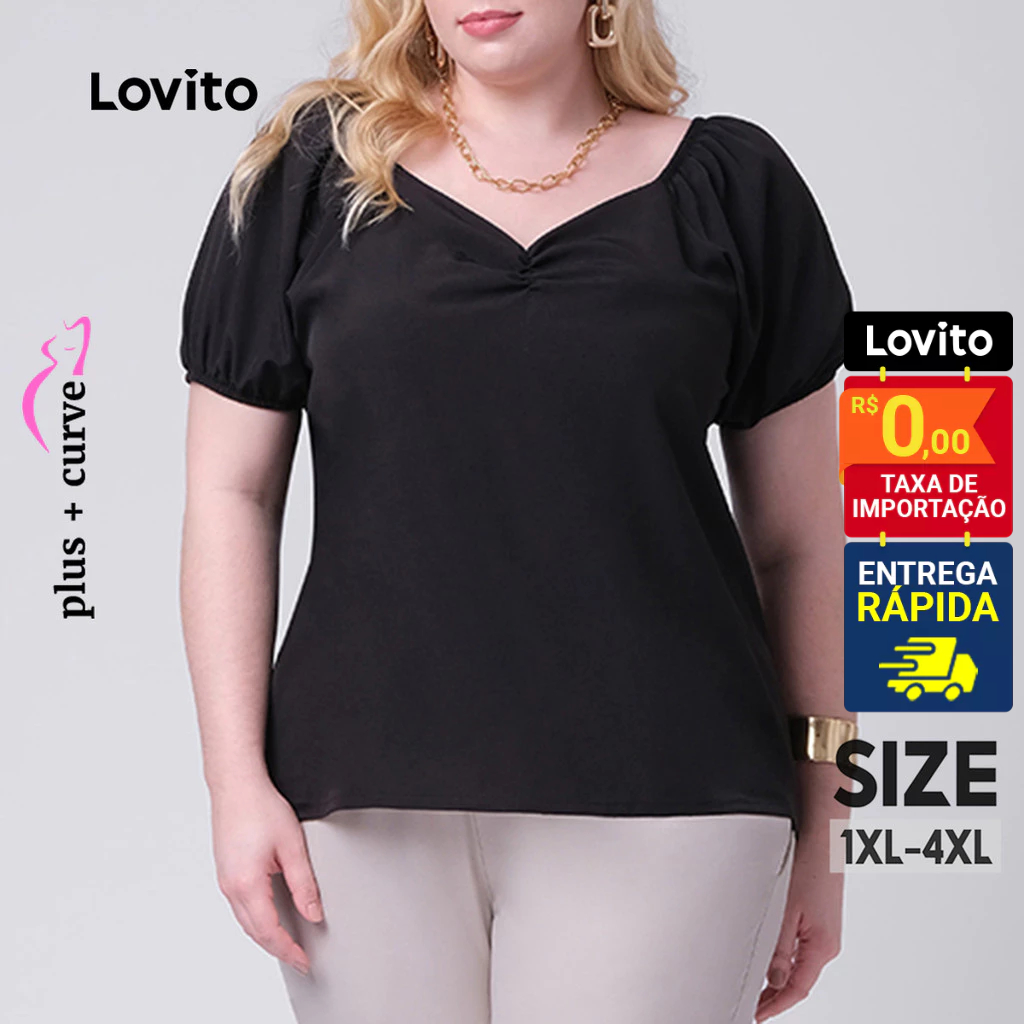 Lovito Blusa Manga Curta Decote Coração Plus Size Casual Lisa Feminina LB168BRL197 - Women Clothes