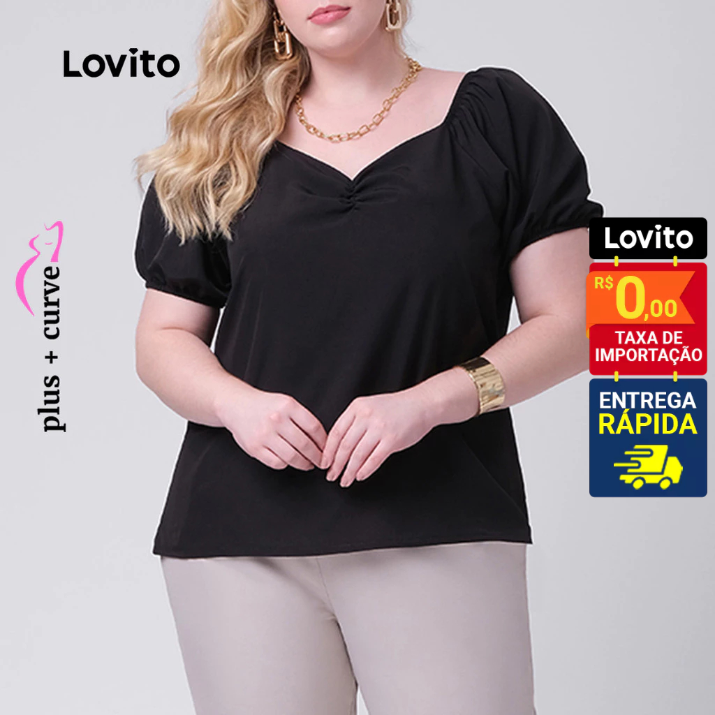 Lovito Blusa Manga Curta Decote Coração Plus Size Casual Lisa Feminina LB168BRL197 em Oferta na Shopee