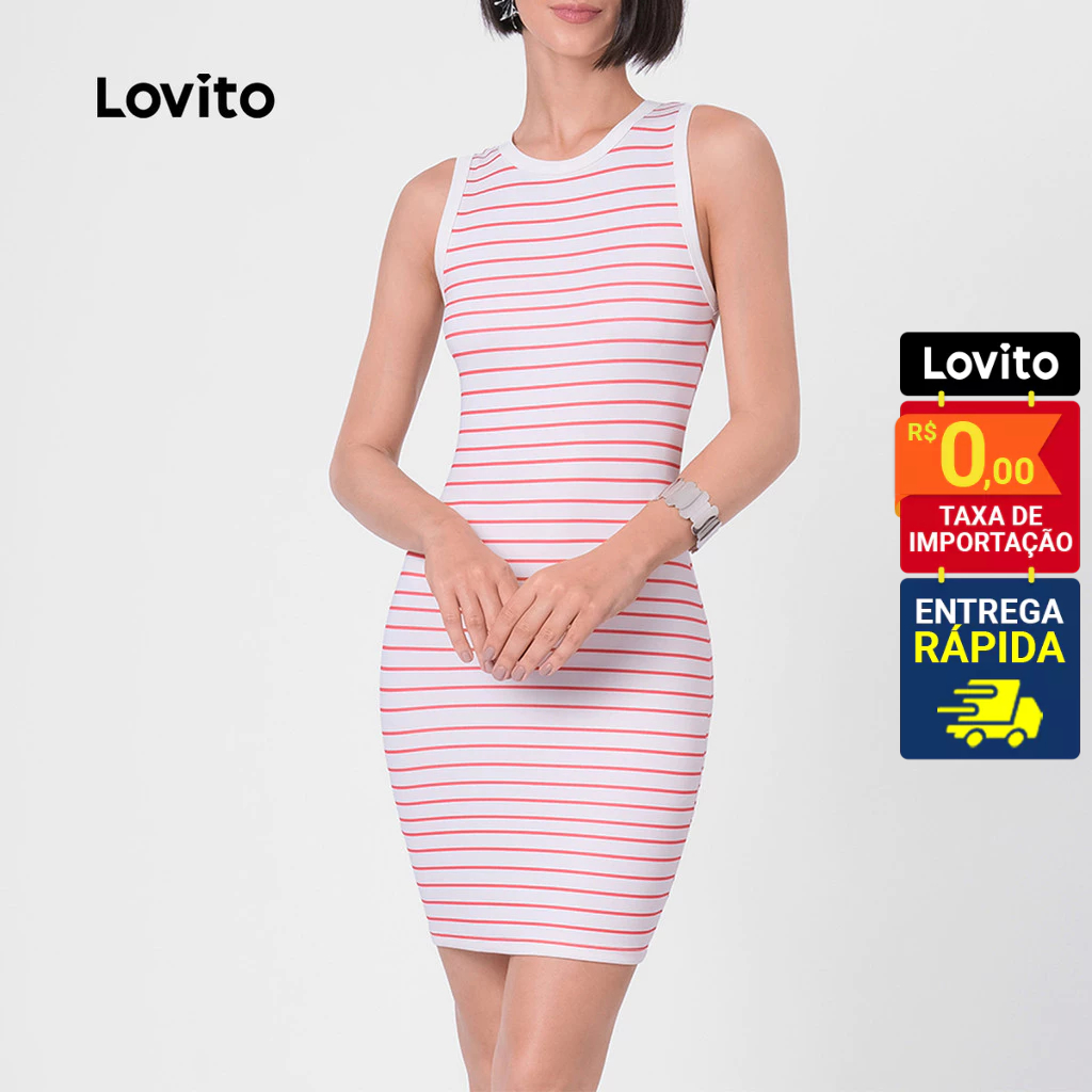 Lovito Vestido Listrado Vermelho Curto Sem Manga Gola Contrastante Feminino LB108BRL137 em Oferta na Shopee