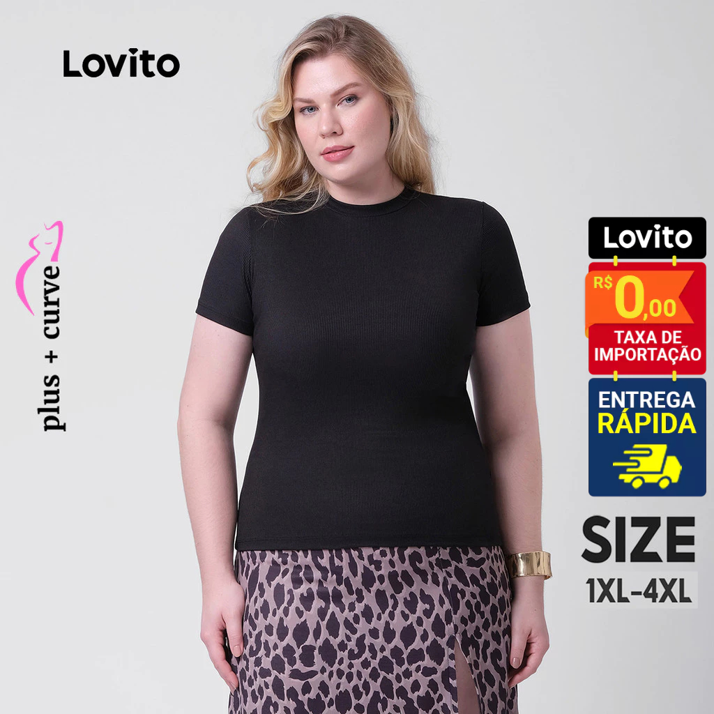 Lovito Camiseta Feminina Manga Curta Plus Size Curve Lisa Gola Careca LB338BRL367 - Women Clothes