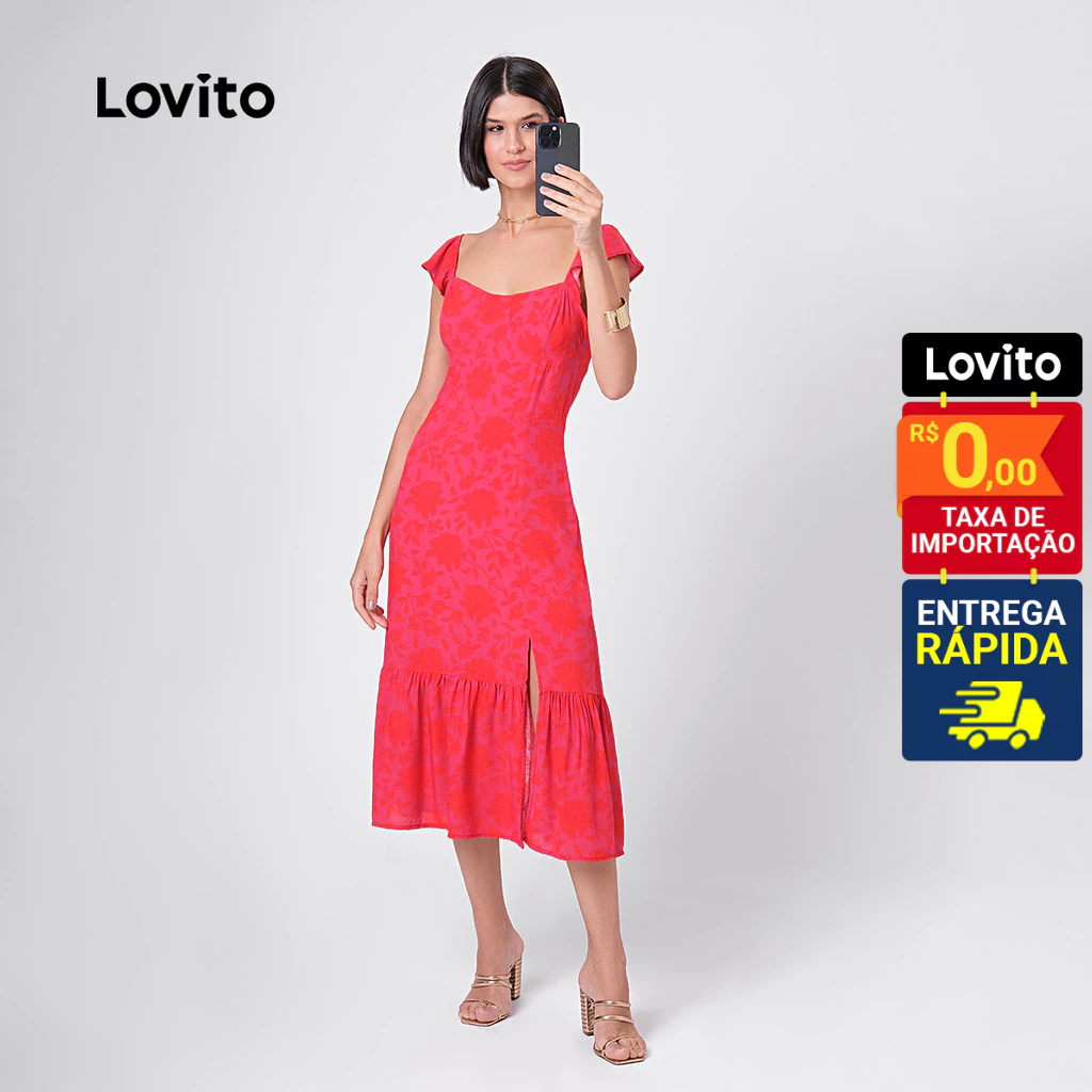 Lovito Vestido Feminino Midi Fenda Frente LB80BRL109 - Women Clothes