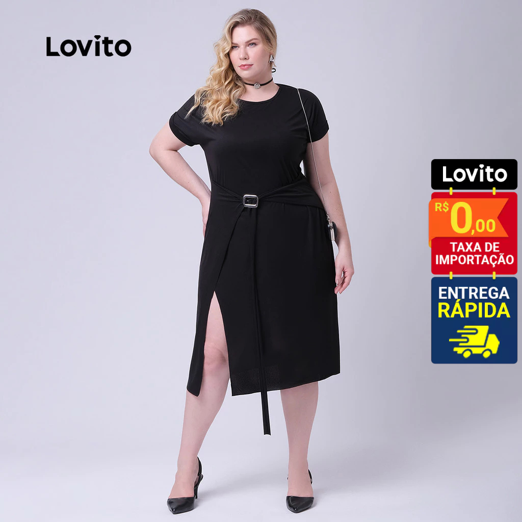 Lovito Vestido Plus Size Manga Curta Midi com Fivela Basico Feminino LB292BRL321 - Women Clothes