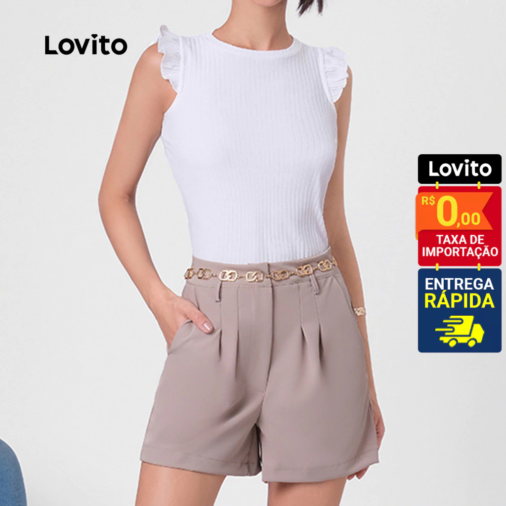 Lovito Shorts Feminino com Pregas Frente e Bolsos Laterais LB87BRL116