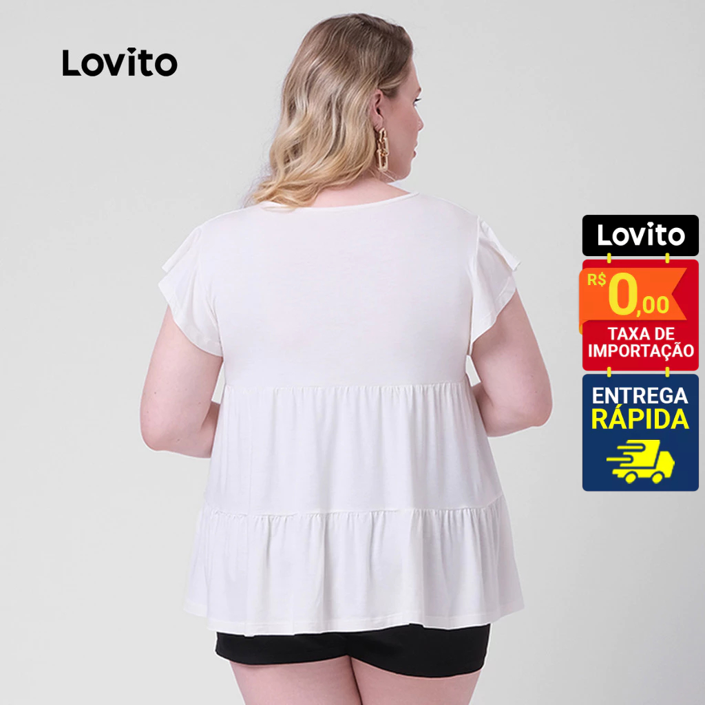 Detalhes do Lovito Camiseta Feminina Manga Curta Plus Size Curve lisa tipo Bata LB359BRL388