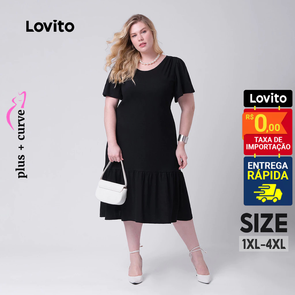 Lovito Vestido Feminino Midi Decote Redondo Plus Size LB73BRL102 em Oferta na Shopee