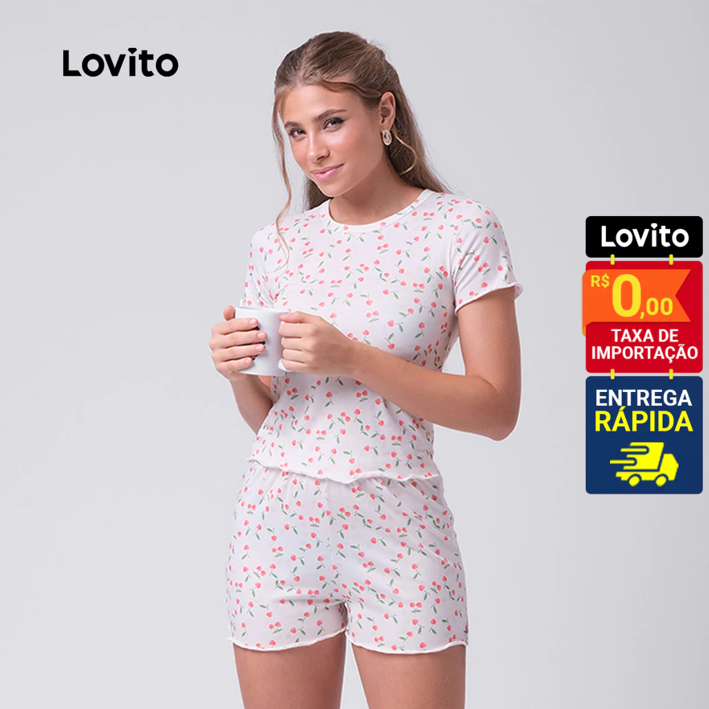Lovito Pijama Feminino Curto Conjunto Blusa e Shorts Estampado LB310BRL339 em Oferta na Shopee