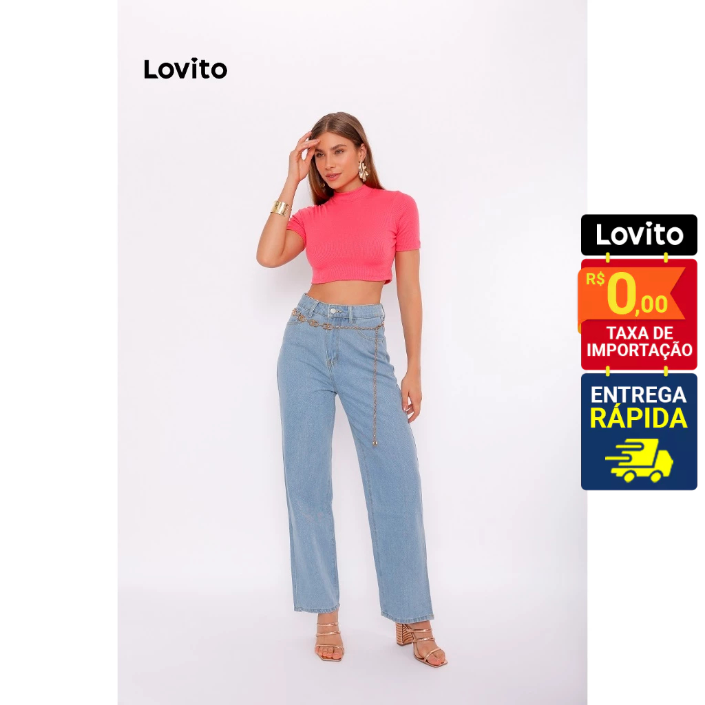 Lovito Tops curtos casuais lisos de verão para mulheres LB711BRL741