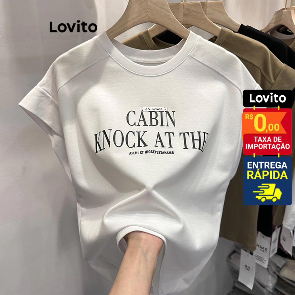 Lovito Camiseta Casual Feminina Manga Curta Sem Cava e Estampa Frente LNA24019 em Oferta na Shopee