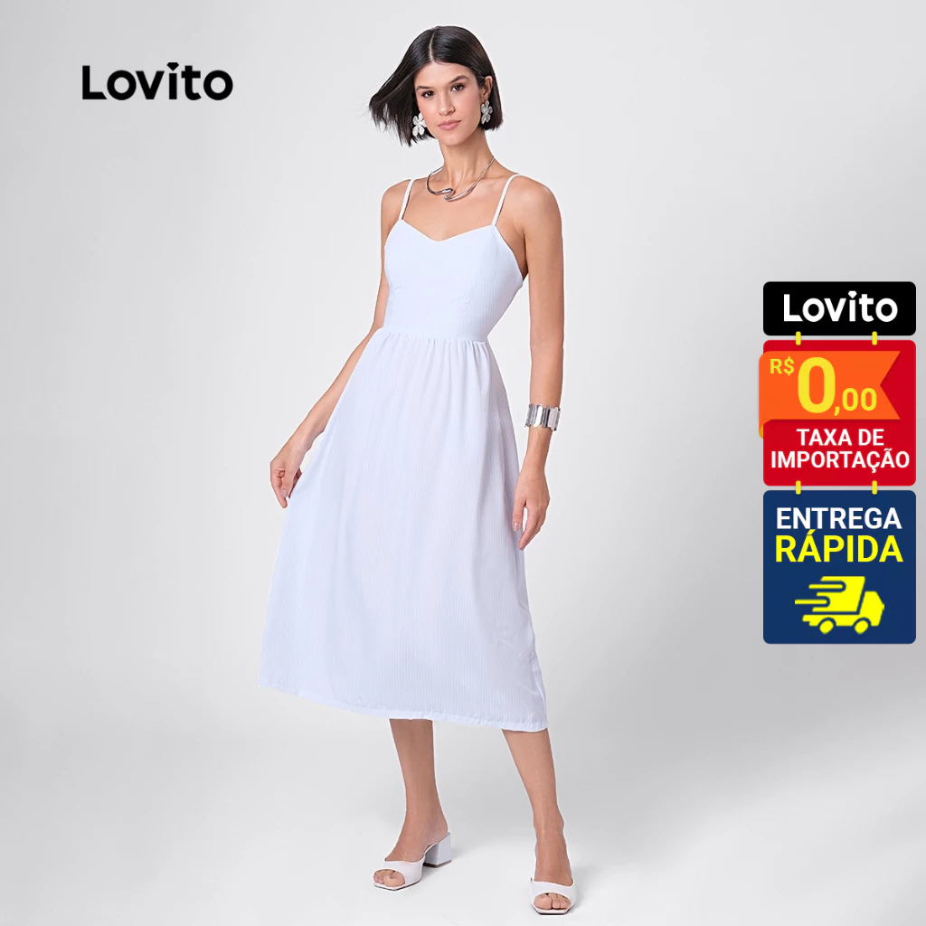 Lovito Vestido Midi Decote Coração Acinturado Basico Feminino LB328BRL357 em Oferta na Shopee