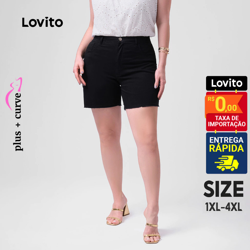 Lovito Shorts Jeans Feminino Barra a Fio Básico Plus Size LB186BRL215 em Oferta na Shopee