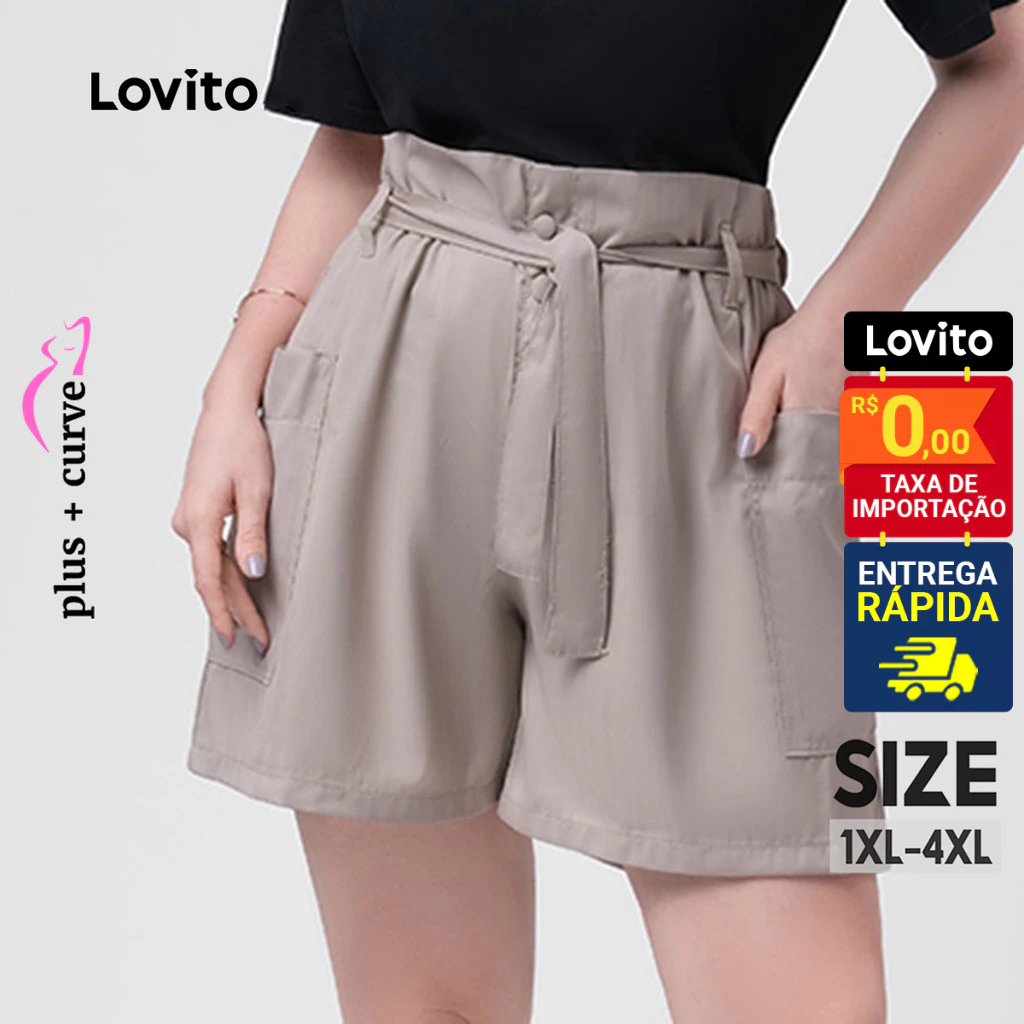 Lovito Shorts Feminino Bolso Lateral e Amarração Plus Size LB188BRL217