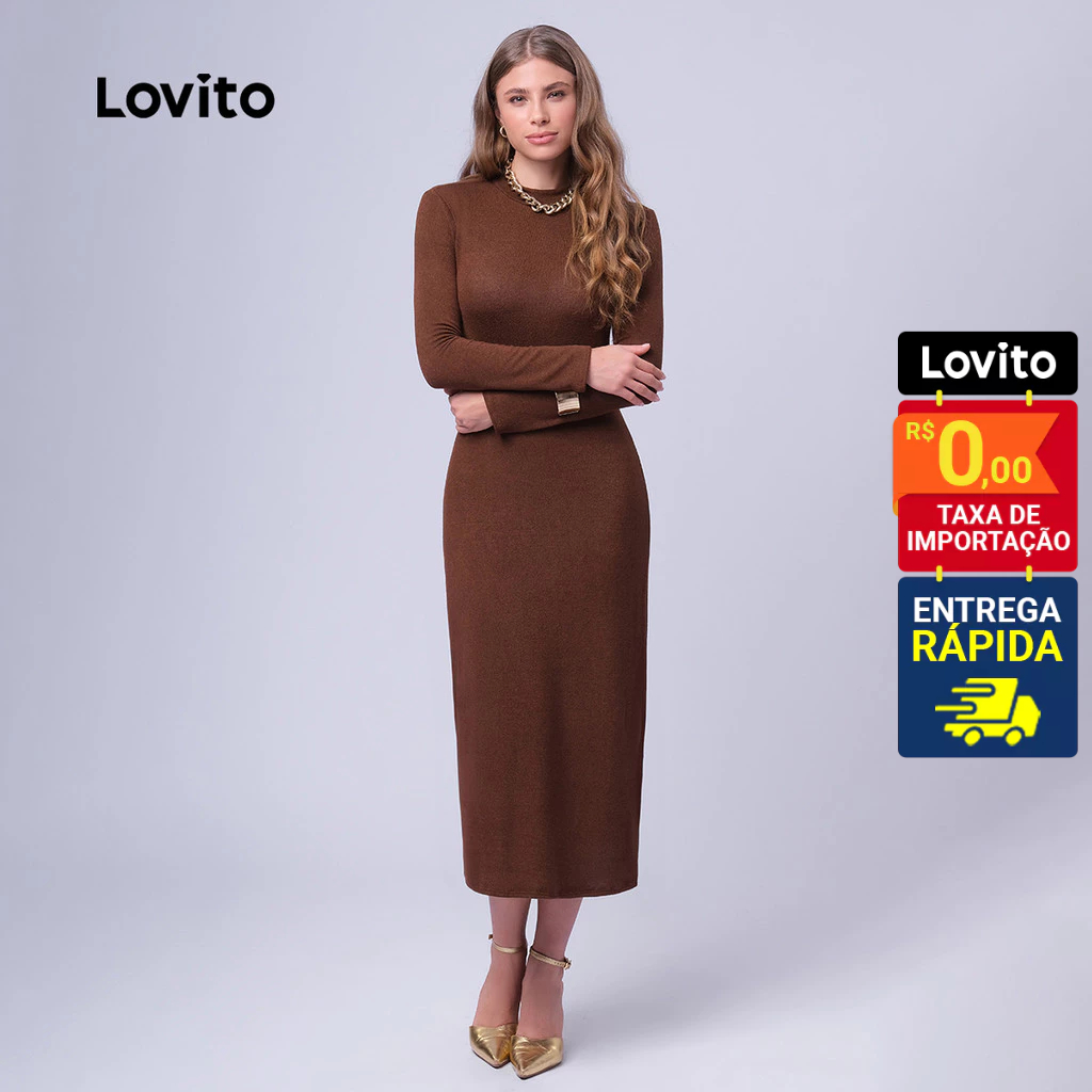 Lovito Vestido Feminino Midi Manga Longa Liso LB432BRL461 - Women Clothes