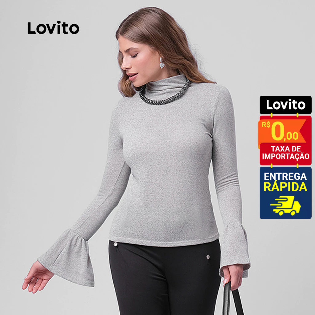 Lovito Blusa Feminina Manga Longa Gola Alta Manga Sino LB368BRL397
