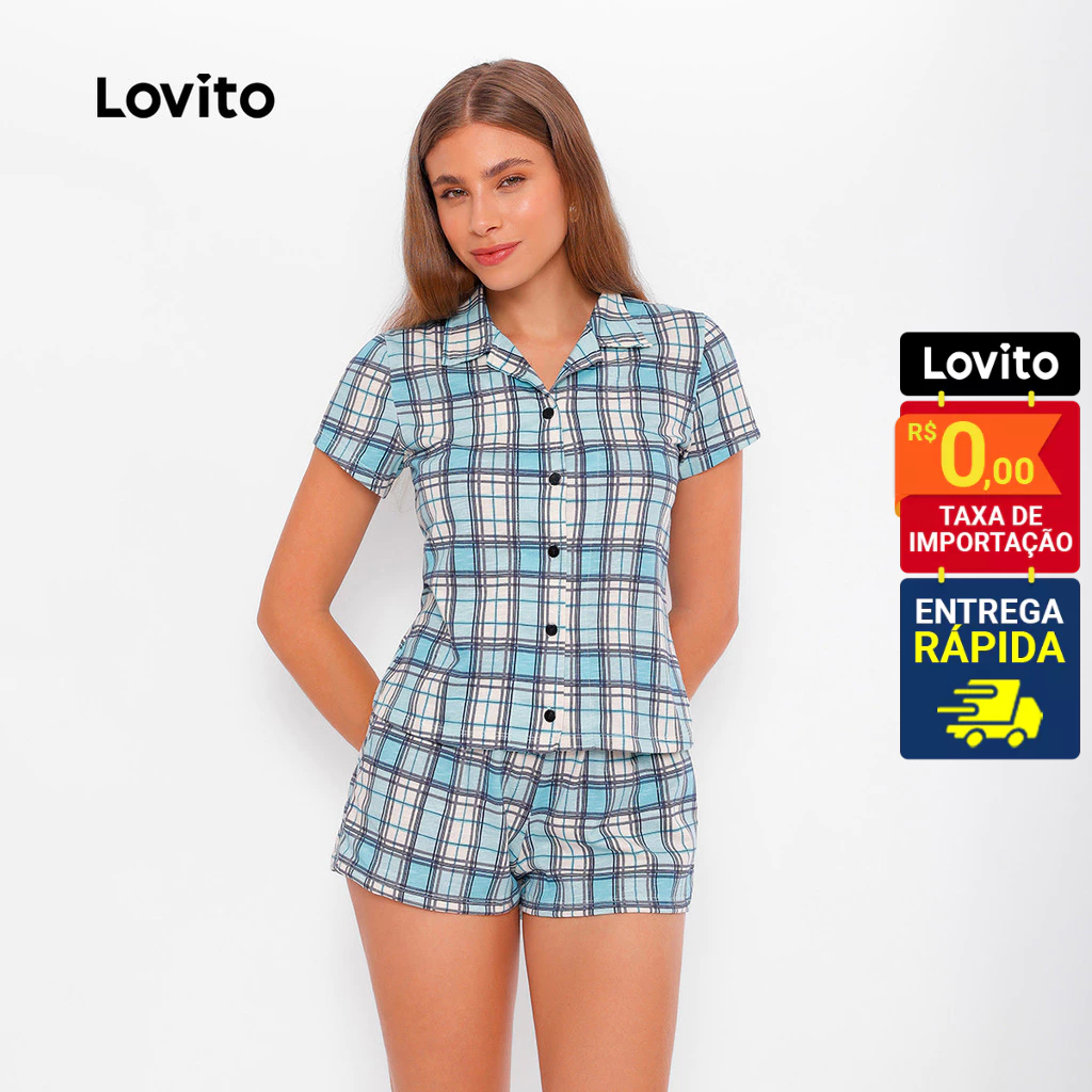 Lovito Pijama Feminino Conjunto Blusa e Shorts Xadrez LB303BRL332 - Women Clothes
