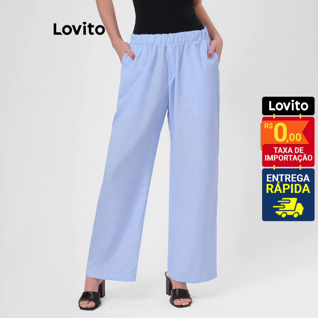 Lovito Calça Feminina Reta Listrada Elástico Cintura LB1BRL001 em Oferta na Shopee