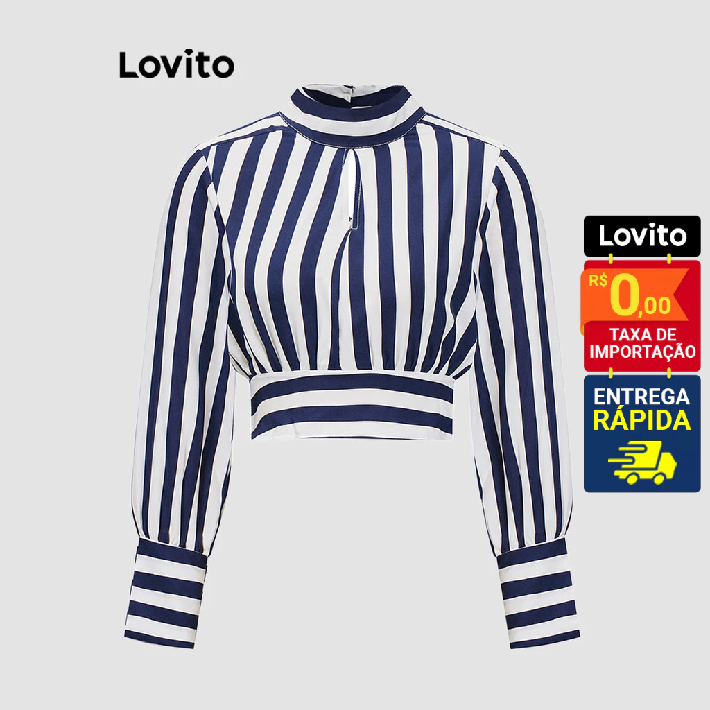 Lovito Camisa Listrada Cropped Manga Longa Feminina LBL12270 - Women Clothes
