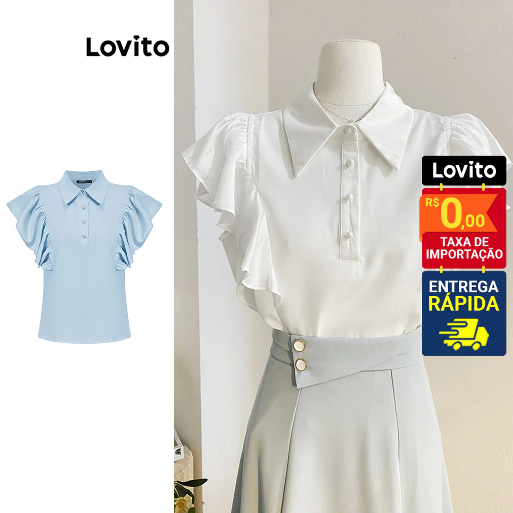 Lovito Blusa Feminina Manga Curta Com Botões Frontais E Babado Gola Padre Elegante L74ED116 em Oferta na Shopee