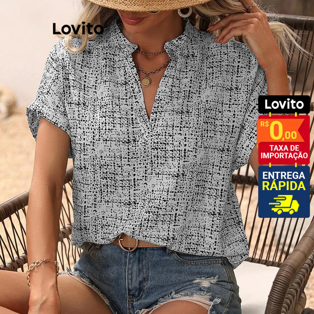 Lovito Blusa Manga Curta Decote V com Vista sem Botões Estampa Grid Feminina LNL48010 em Oferta na Shopee