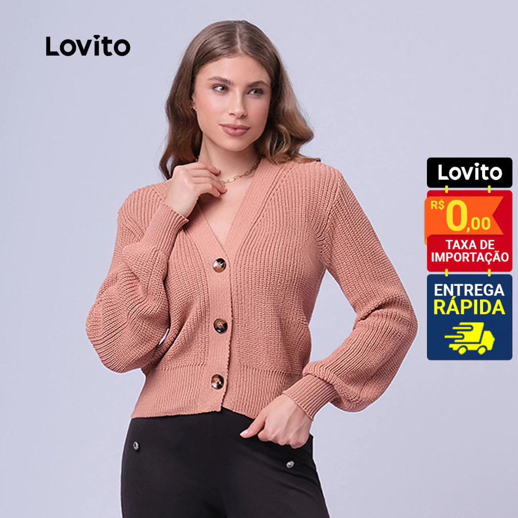 Lovito Tricot Casual Manga Longa Bufante com Botoes Frontais para Mulheres LB370BRL399