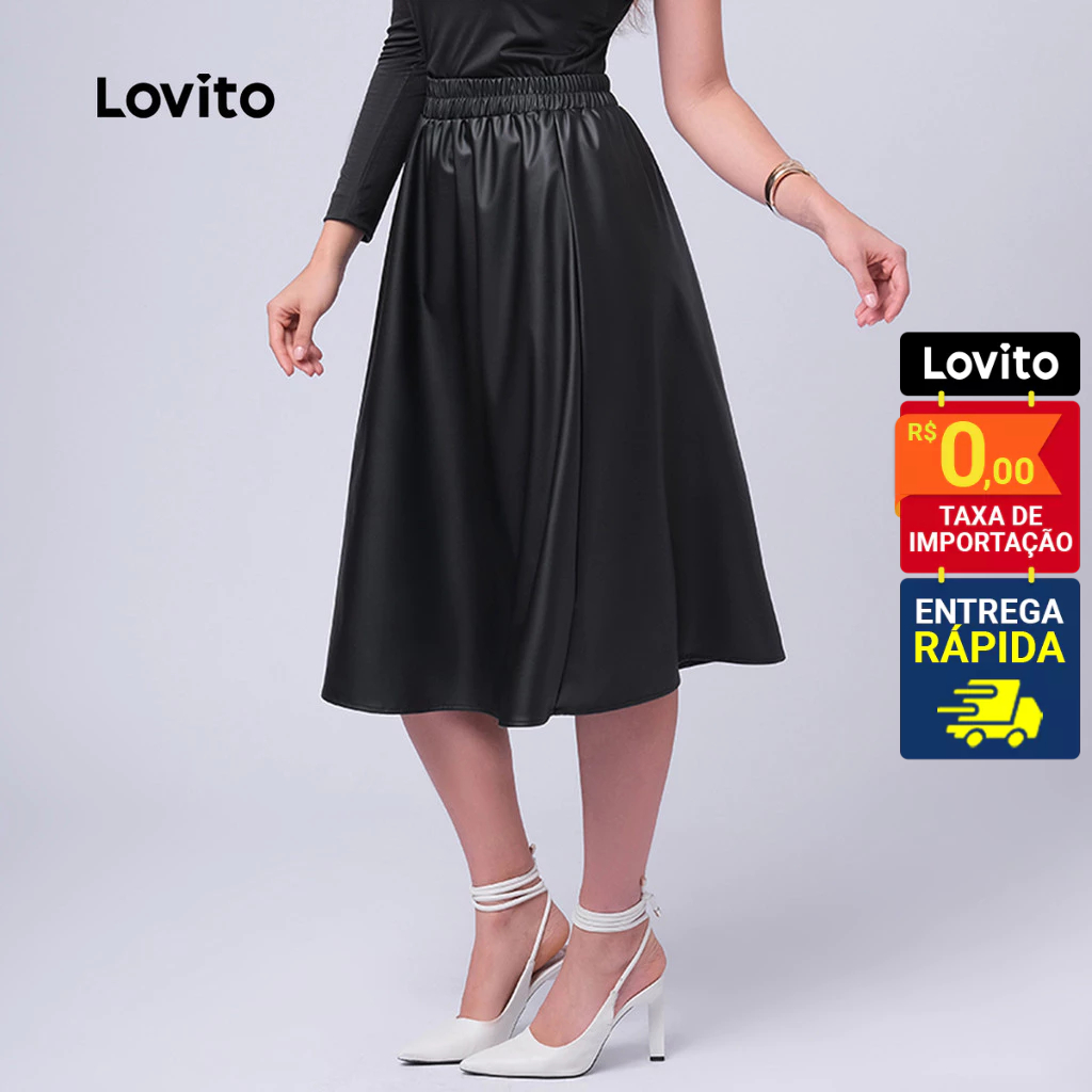 Lovito Saia Feminina Midi em PU LB429BRL458