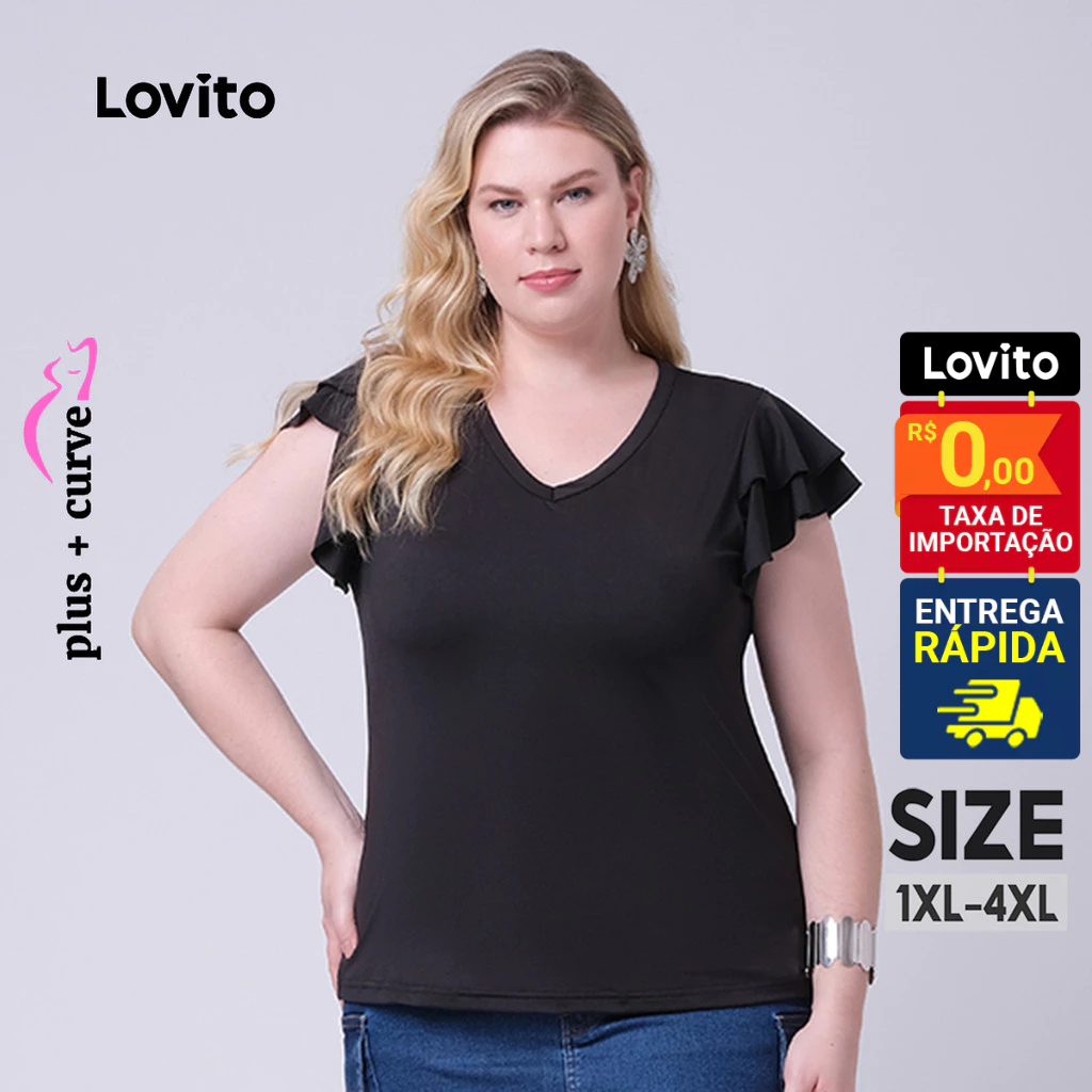 Lovito Camiseta Feminina Manga Curta Casual Lisa Plus Size Curve Manga com Babados LB360BRL389