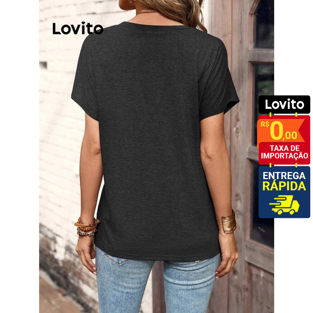 Detalhes do Lovito Camiseta Casual Feminina Manga Curta Lisa com Botões e sem cava LNL45020