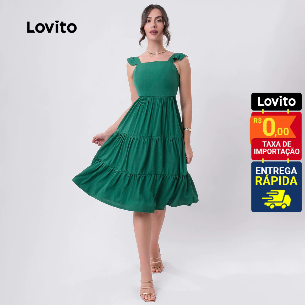 Lovito Vestido Midi Decote Quadrado Babados Feminino LB257BRL286 - Women Clothes