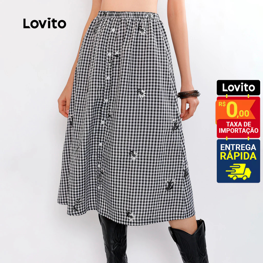 Lovito Saia Feminina Midi Xadrez com Botões e Bordado LB534BRL564 - Women Clothes