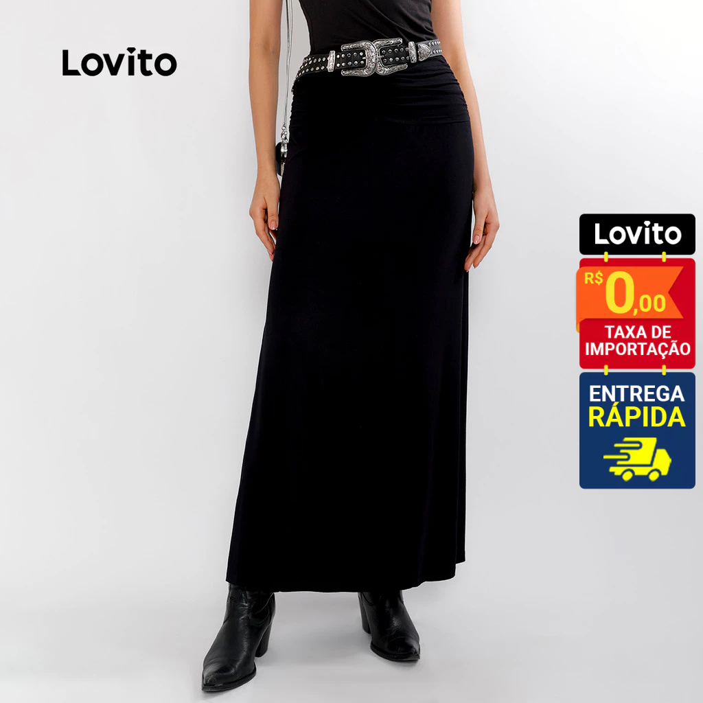 Lovito Saia Feminina Longa Franzido na Cintura e Fenda Lateral LB641BRL671 - Women Clothes