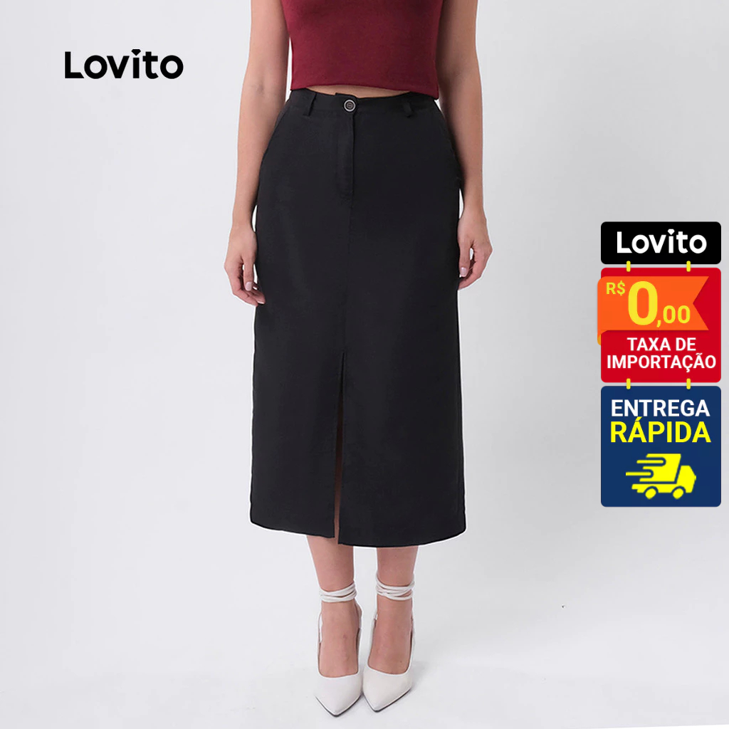 Lovito Saia Feminina Midi Reta Fenda Frontal LB413BRL442 em Oferta na Shopee