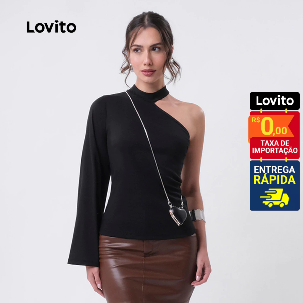Lovito Blusa Gola Alta Cut Out Manga Longa Uma Manga Só Elegante Basica Feminina LB508BRL538