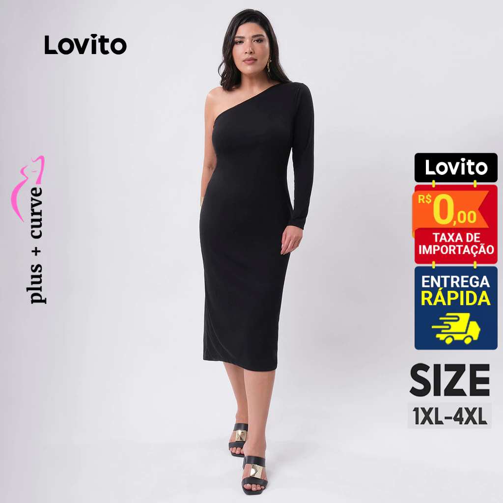 Lovito Vestido Feminino Plus Size Midi Um Ombro Só Liso B472BRL502 - Women Clothes