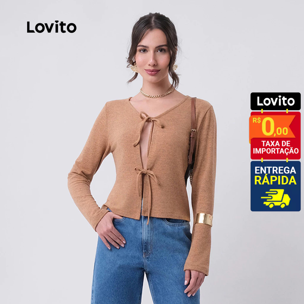 Lovito Blusa Manga Longa com Laços Frontais de Amarração Moda Feminina LB464BRL493 - Women Clothes