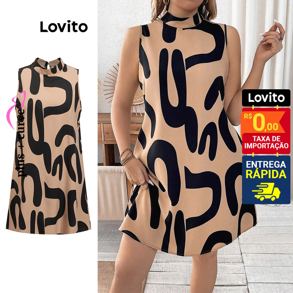 Lovito - Vestido Curva Plus Size Elegante Vestido Básico Geométrico Para Mulheres LSL02028 - Women Clothes