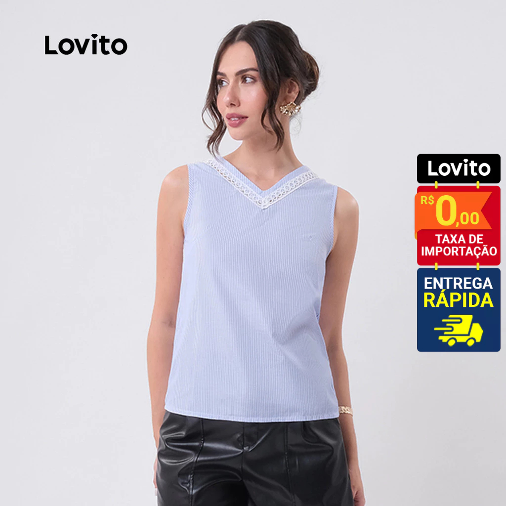 Lovito Blusa Casual Listrada com Gola Contrastante de Renda Feminina LB631BRL661 - Women Clothes