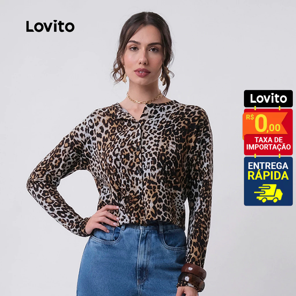 Lovito Cardigan Casual com Estampa de Onça e Botões Feminino LB769BRL799