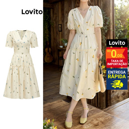 Lovito Vestido Feminino Midi Camponesa com Mangas Bufantes Floral L71ED267