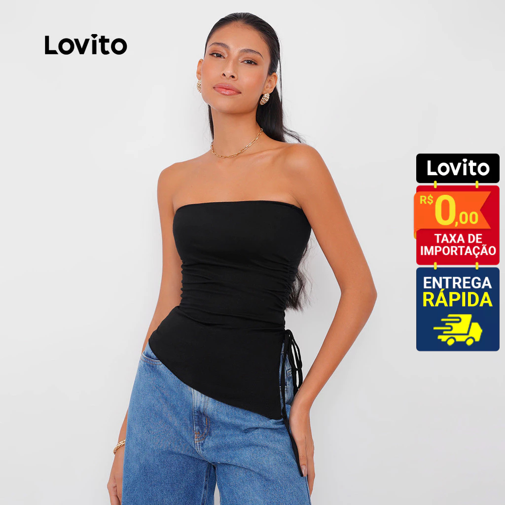 Lovito Top Tomara que Caia Feminina Lisa Barra Assimétrica com abertura Lateral L68ED053