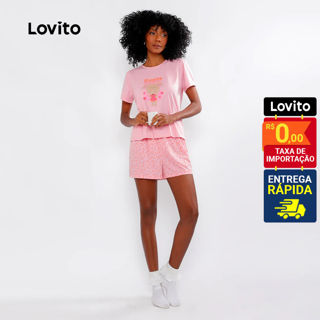 Lovito Conjunto de Pijama Feminino Manga Curta e Shorts com Estampa Shopito na Nuvem LB771...