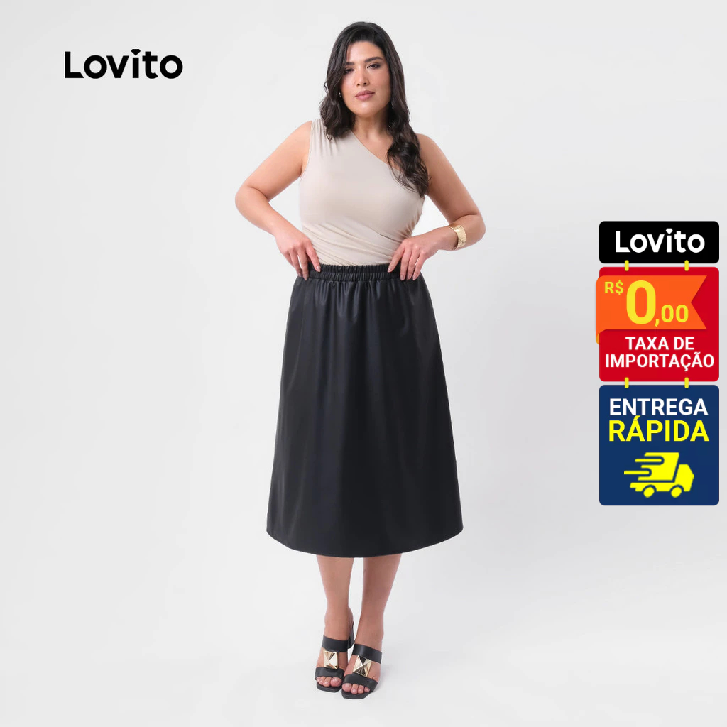 Detalhes do Lovito Saia Liso Elegante Plus Size Feminina LB734BRL764