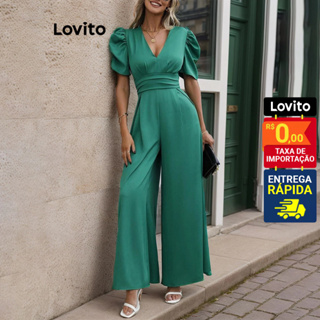 Lovito Elegante Macacão Feminino Liso Plissado Manga Bufante LNL44159 em Oferta na Shopee