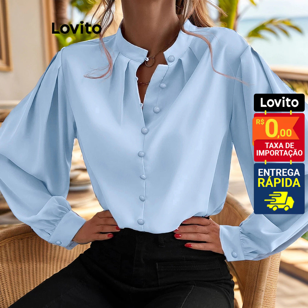 Lovito Blusa de Manga Longa Bufante com Vista com Botões e Gola Padra LBL10168 em Oferta na Shopee
