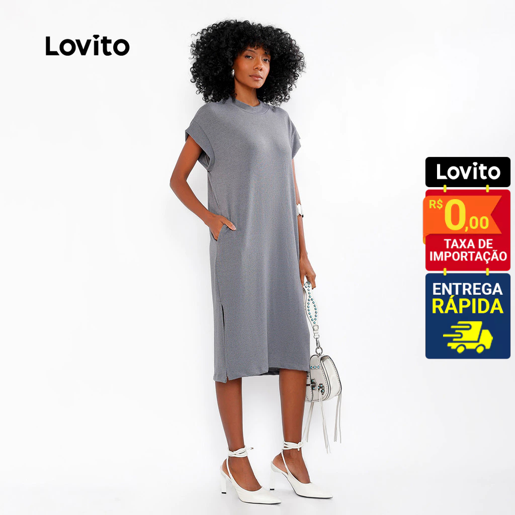 Lovito Vestido Reto Liso Elegante com Bolsos Feminina LB597BRL627 em Oferta na Shopee
