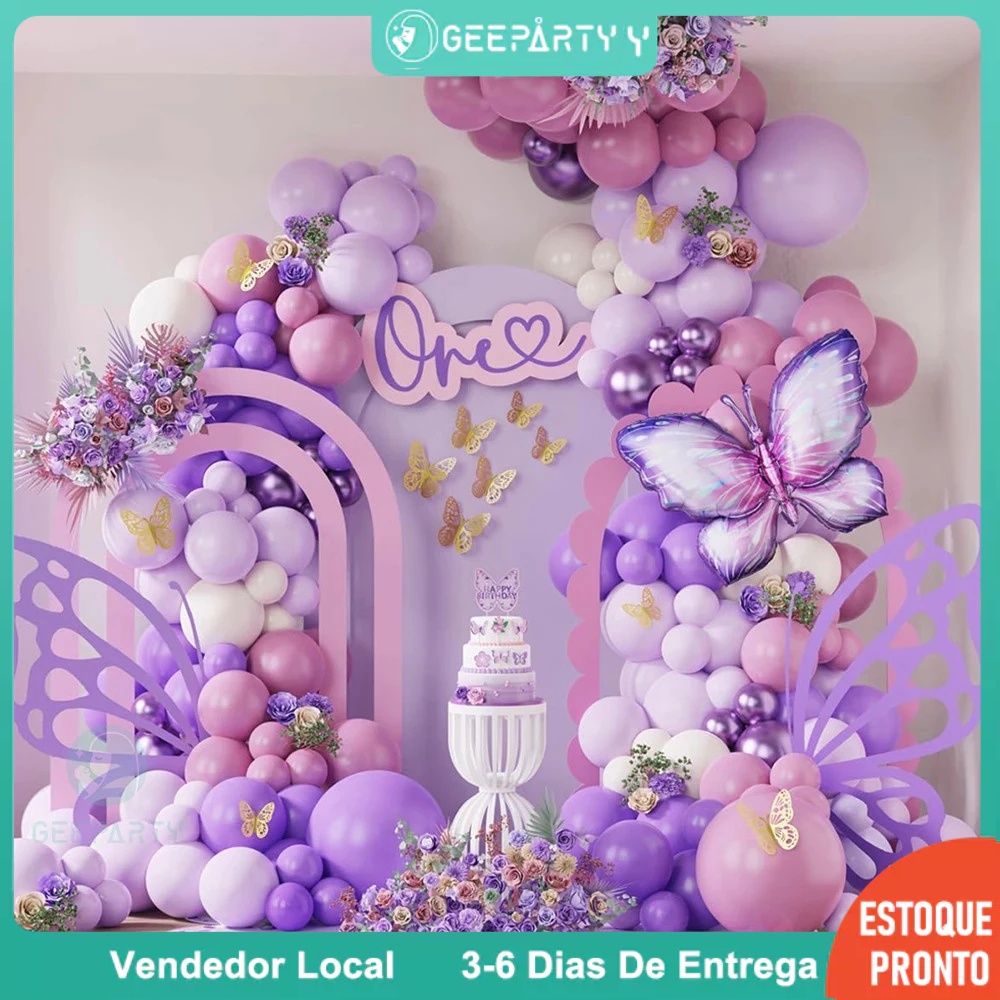 GeeParty - Guirlanda de Balões com 128 Peças em Roxo Macaron e Borboletas para Festa de Aniversário ou Casamento em Oferta na Shopee